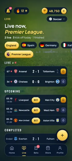 Champ app screen: Every match. Live.