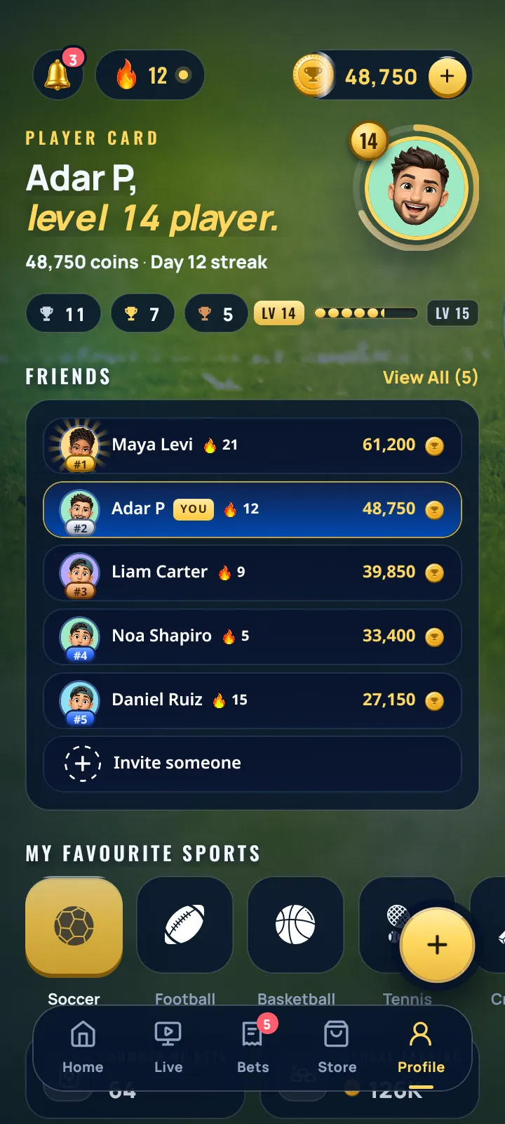 The player card with the My favourite sports row