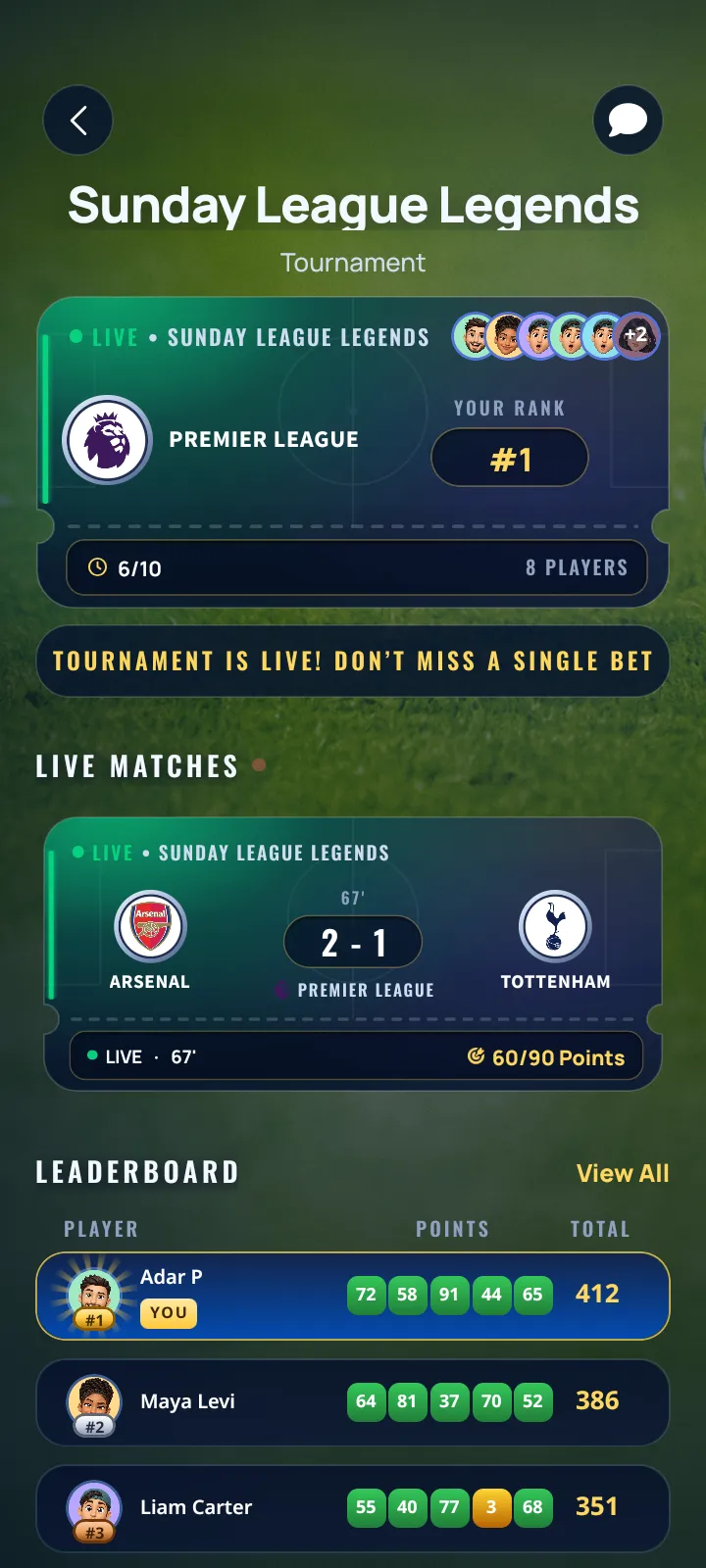 A live tournament with your rank and the leaderboard